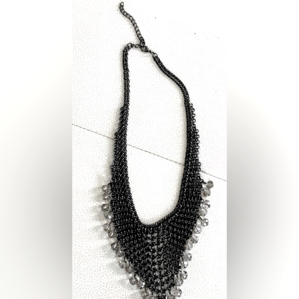 Statement Chain Necklace Dangling Clear Beads 3” Extender Black - Picture 2 of 5
